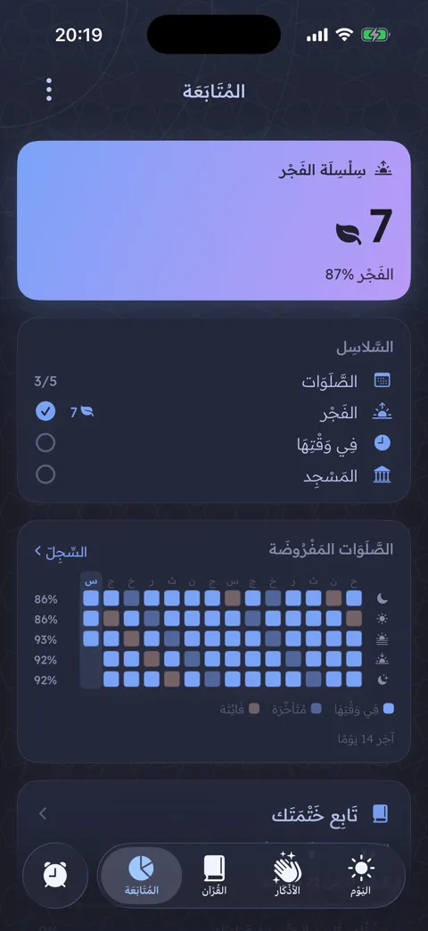 متتبّع الصلاة — سلاسل ومصفوفة إنجاز