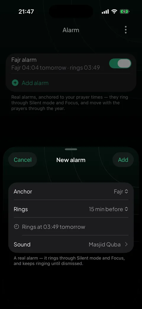 The alarm screen — a real alarm anchored to Fajr that rings through Silent mode