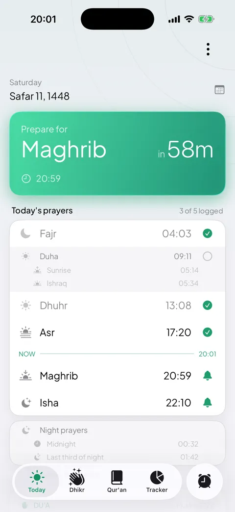 The Today screen with prayer times and the next-prayer countdown