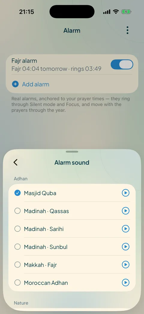 Choosing an adhan sound for prayer alerts