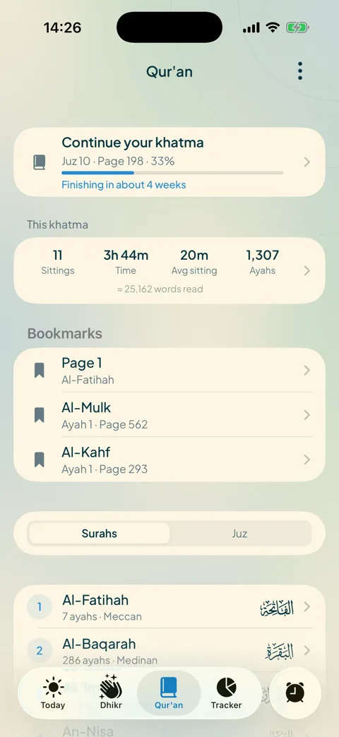 The Qur’an reader with khatma progress and bookmarks