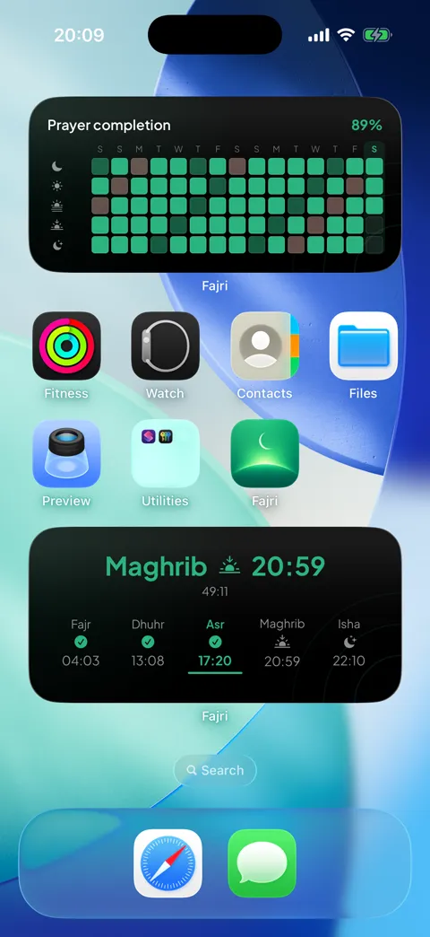 Home Screen widgets — prayer times and completion at a glance